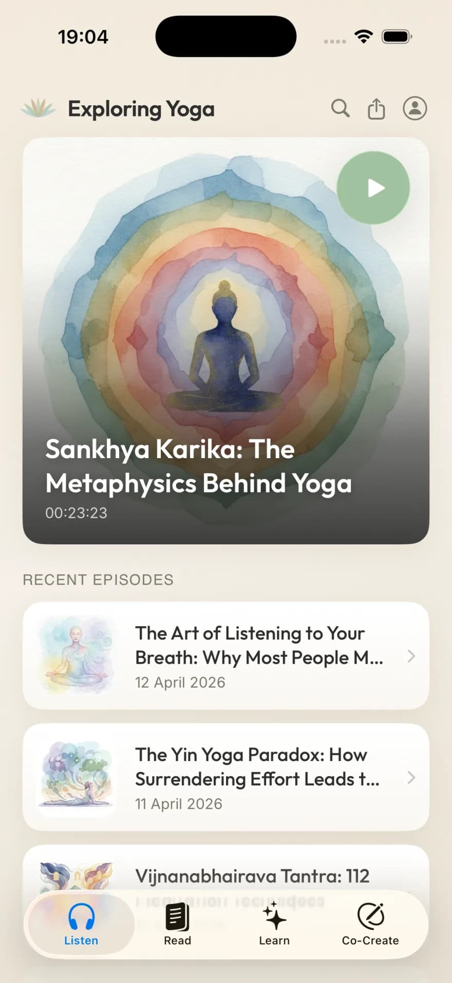 Exploring Yoga iOS app Listen tab